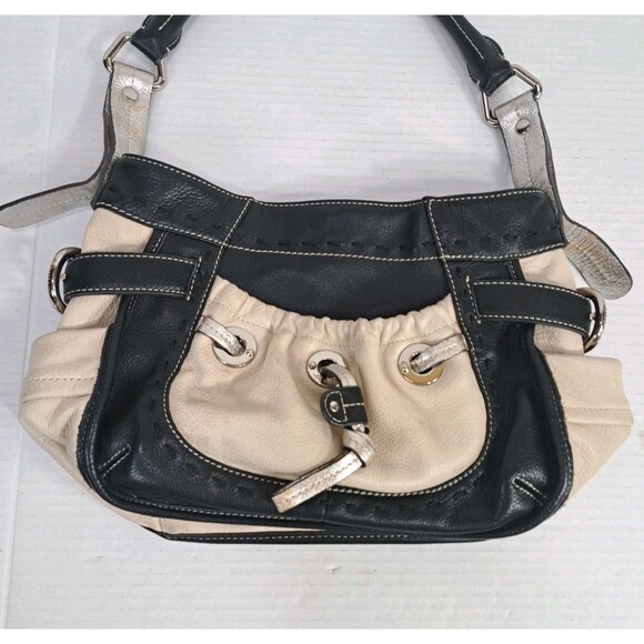 B. Makowsky Black White Lisbon BM6205 Leather Shoulder Bag 14x8x5 Purse 16" Drop - Picture 2 of 8